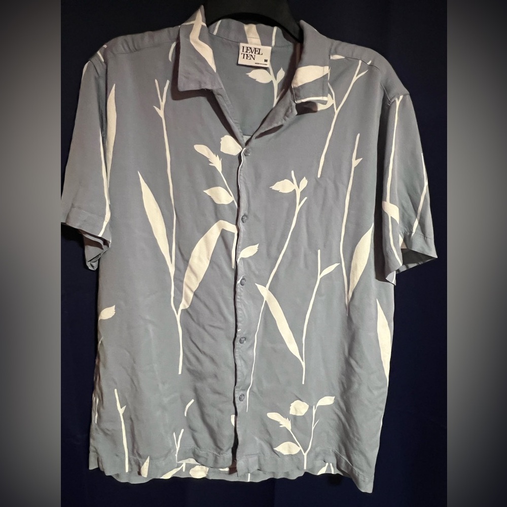 Men's Casual Blue Leaf Print Button Down Shirt